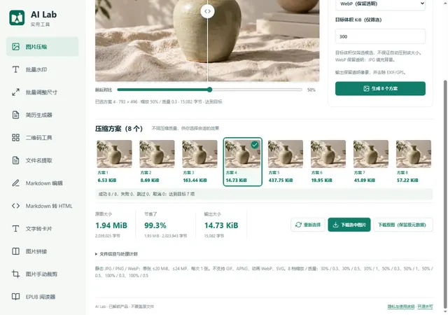 圖片壓縮：八種候選與下載結果